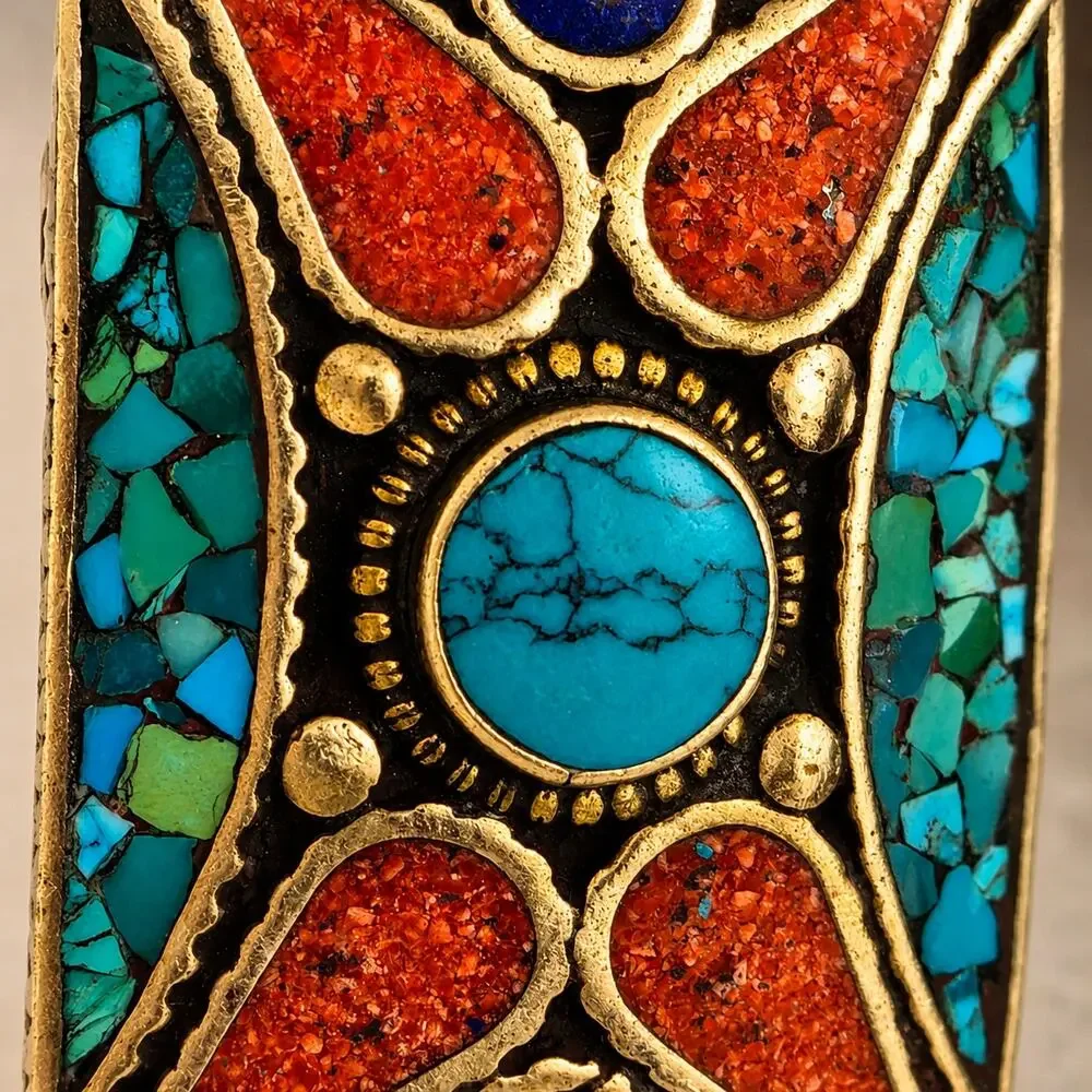 Vintage Tibetan Style Turquoise Coral Mosaic Statement Ring Size 8